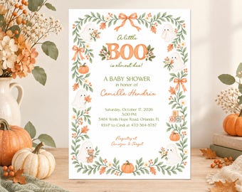 Little Boo Baby Shower Invitation, Fall Ghost Baby Shower Invite, Pumpkin Autumn Halloween Shower, Printed or Printable