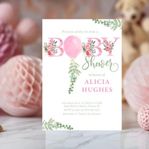 Faire-part de baby shower ballon floral rose pour petite fille avec aquarelle de fleurs et de verdure, faire-parts imprimés personnalisés ou imprimables