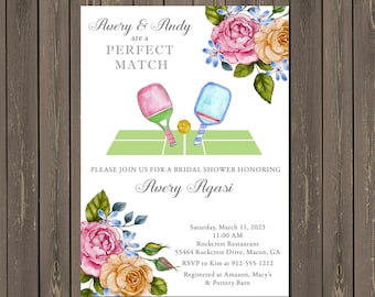 Watercolor Floral Pickleball Bridal Shower Invitations (Printable or Printed)