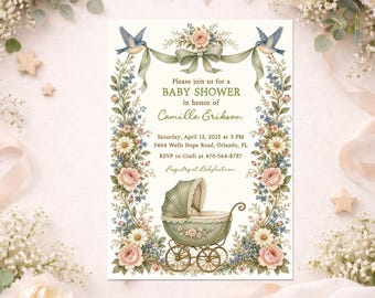 Stroller Baby Shower Invitation, Vintage Pram Floral Baby Shower Invite, Botanical Baby Shower, Printable or Printed