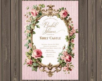 Victorian Bridal Shower Invitation: Pink Watercolor Roses, Gold Frame (Printable or Printed)