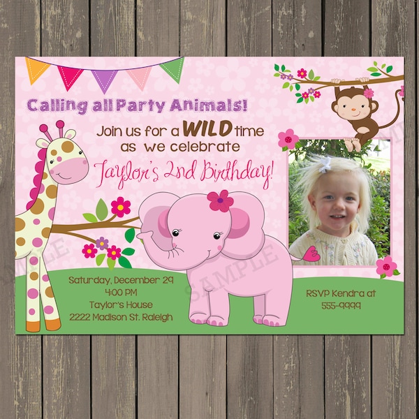 Girl Jungle Birthday Invitation, Pink Zoo Party Invitation, Elephant, Giraffe, Monkey, Girls 1st Birthday Photo Invitation, DIY or Printed