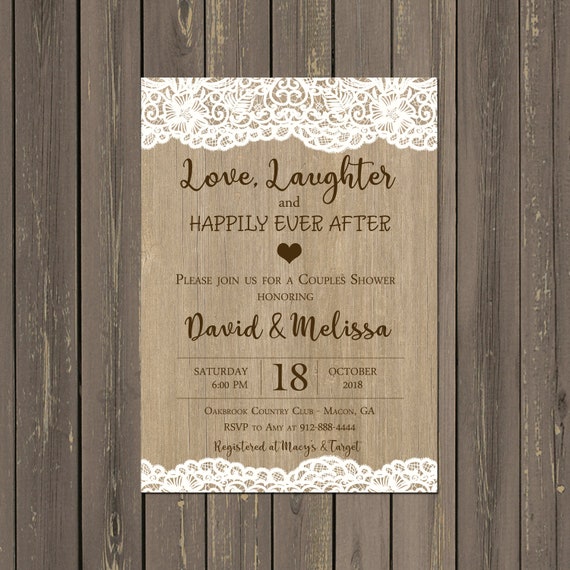 Couples Wedding Shower Invitation, Rustic Wood and Lace Couples Shower ...