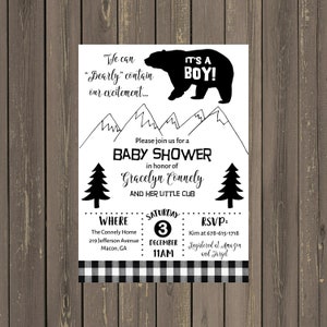 Bear Baby Shower Invitations, Mountain Bear Black and White Baby Shower ...