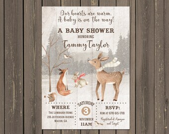 Winter Woodland Baby Shower Invitation, Forest Animals (Printable)