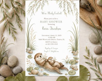 Otter Baby Shower Invitation, Little Otter Baby Shower Invite, Gender Neutral Baby Shower, Woodland River Shower, Printable or Printed