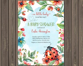 Invitación para baby shower con diseño de mariquita en acuarela: diseño floral, imprimible o impresa.