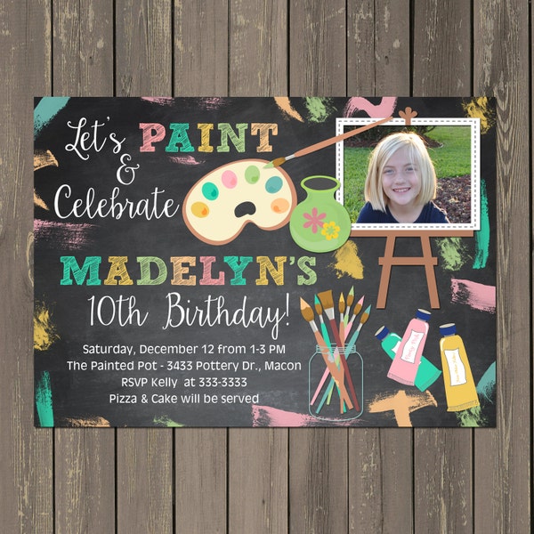 Art Birthday Invitation: Chalkboard Paint Party, Photo Option (DIY or Printed)