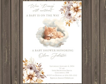 May include: A baby shower invitation featuring a watercolour illustration of a sleeping kitten in a cloud. The invitation is decorated with floral elements in shades of brown, beige, and grey. The text reads "Were purring with excitement, A baby is on the way, A baby shower honouring Olivia Johnston, Saturday, January 6, 2024, 11 AM, 5444 Brewster Drive, Columbus, OH, RSVP to Denise at 614-555-1212, Registry at Amazon & Babylist.com".