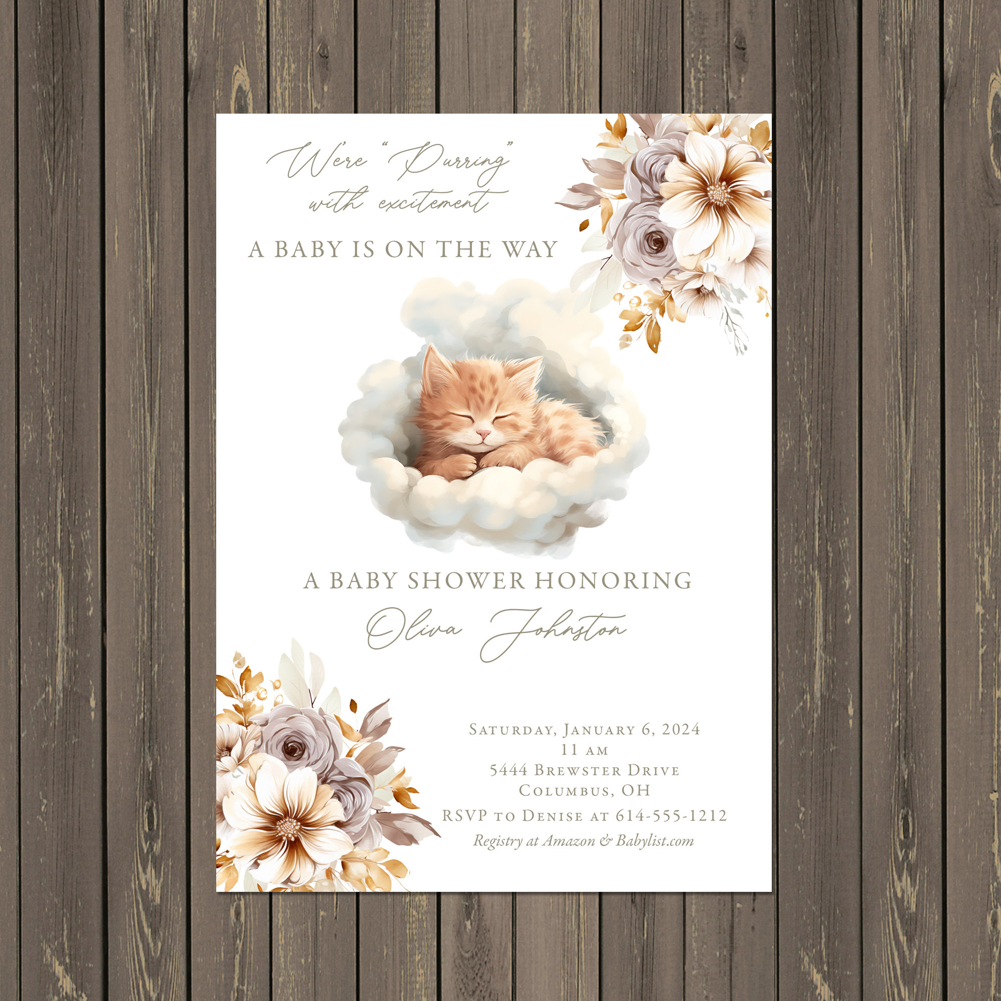 Watercolor Kitten Baby Shower Invitation: Floral, Gender Neutral ...