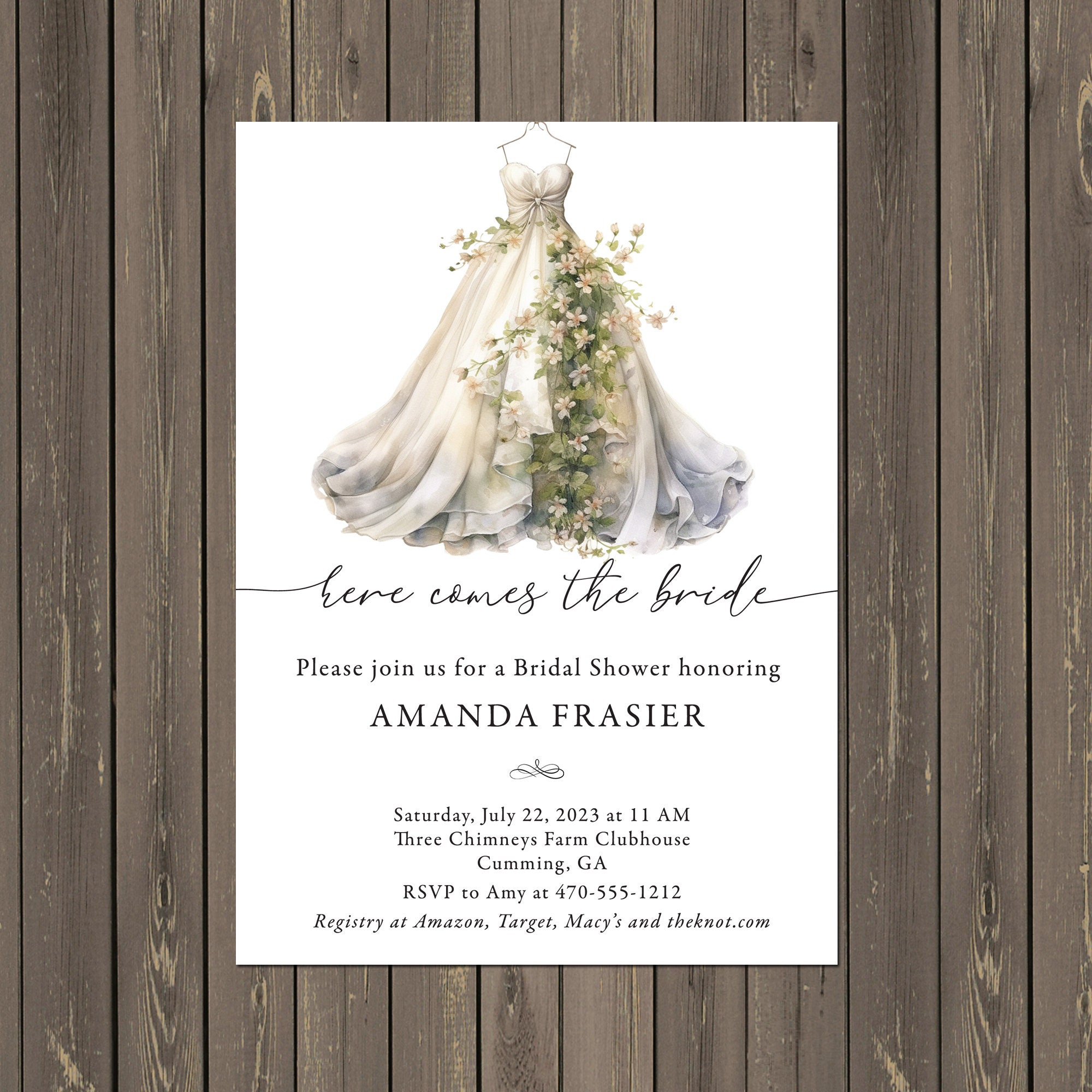 Floral Wedding Dress Bridal Shower Invitation (printable or Printed) - Etsy