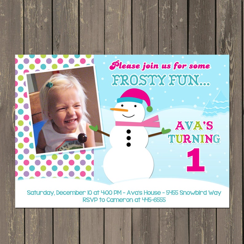Snowman Birthday Invitation, Winter Snowman Party Invitation, Girls Snowman Invite, 1st Birthday, Printable or Printed image 1