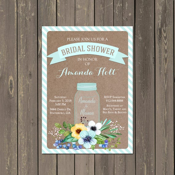 Mason Jar Bridal Shower Invitations, Teal Mason Jar Invitations, Rustic Kraft Paper Look Bridal Shower Invitations, Watercolor Floral Invite Il_570xn