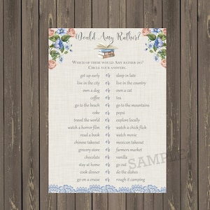 May include: A printable "Would Amy Rather?" game with a floral design and a stack of books. The game asks a series of questions with two choices for the player to circle.