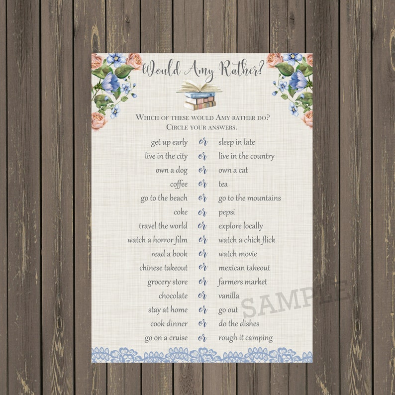 May include: A printable "Would Amy Rather?" game with a floral design and a stack of books. The game asks a series of questions with two choices for the player to circle.