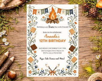 Campfire Birthday Invitation, Smores Birthday Party Invite, Camping Birthday Invitation, Bonfire Party Invite, Printable or Printed
