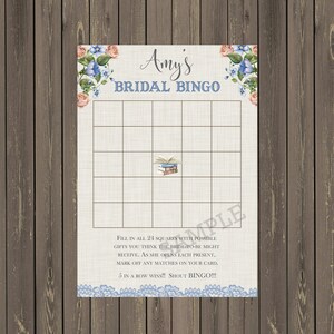 May include: A printable bridal shower bingo card with a floral design. The card has a grid with 24 squares and the text "Amy's Bridal Bingo".