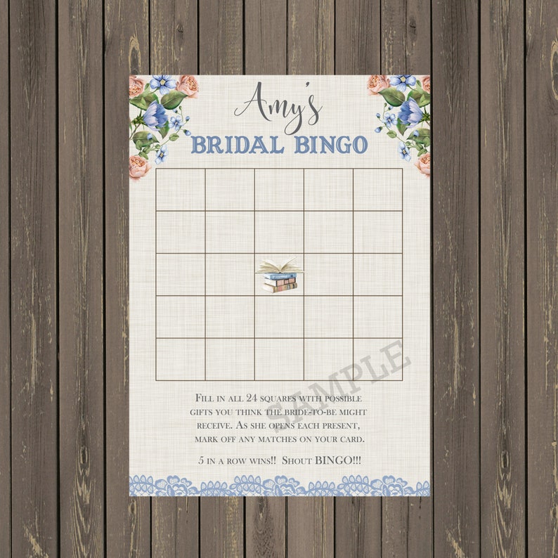 May include: A printable bridal shower bingo card with a floral design. The card has a grid with 24 squares and the text "Amy's Bridal Bingo".