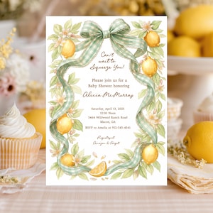 May include: A baby shower invitation with a watercolour design of lemons and foliage. The invitation includes the text "Can't wait to Squeeze You!" and details for Alicia McMurray's baby shower, including the date, time, and location.