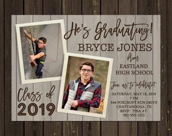 Photo Graduation Invitation, Masculine Rustic Wood Photo Graduation Announcement with 2 photos, Printable or Printed