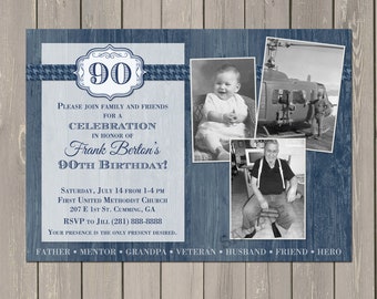 Adult Masculine Birthday Invitation, Blue Woodgrain Birthday Invite, Photo Collage Adult Birthday Invitation, Any Age, Printable or Printed