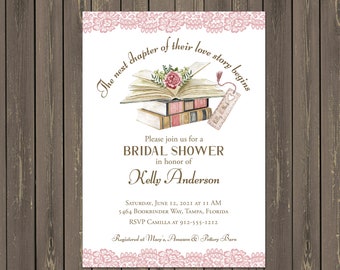 Book Themed Pink Bridal Shower Invitation, Library Shower Invitation, Book Lover Invitation, Watercolor Book Invite, Printable or Printed