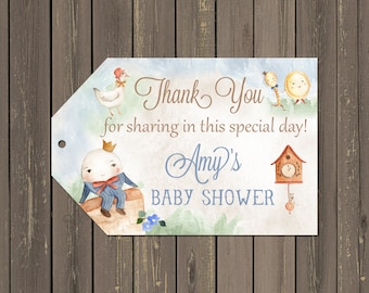 Nursery Rhyme Baby Shower Favor Tags, Storybook Baby Shower Favor Tags, Humpty Dumpty Thank you Tags,  Printable