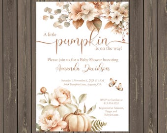 Peach Pumpkin Baby Shower Invitation, Floral (Printed or Printable)
