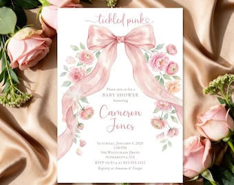Tickled Pink Baby Shower Invitation, Pink Bow Floral Baby Shower Invite, Elegant Girl Baby Shower Invitation, Printed or Printable