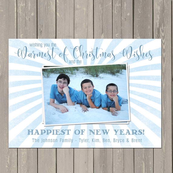 Beach Photo Christmas Card, Warmest Christmas Wishes Photo Card, Blue Beach Holiday Photo Cards, Printable or Printed Il_570xn