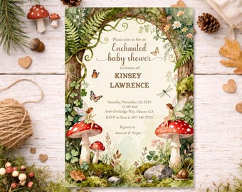 Invitación para baby shower de hadas del bosque encantado, libro de cuentos de hadas, jardín de hongos (descarga digital)