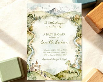 Fairytale Dragon Baby Shower Invitation, Storybook Castle Fantasy Theme, Printable or Printed
