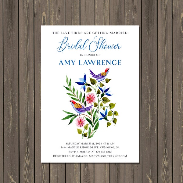 Love Birds Bridal Shower Invitation, Lovebirds Shower Invitation, Botanical and Birds Bridal Shower, Couples Shower, Printable or Printed