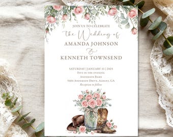 Western Wedding Invitation: Pink Roses, Cowboy Boots (Printable or Printed)