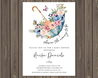 Umbrella Baby Shower Invitation, Floral Umbrella Baby Shower Invite, Baby Sprinkle Invitation, Pink Baby Girl Shower, Printable or Printed