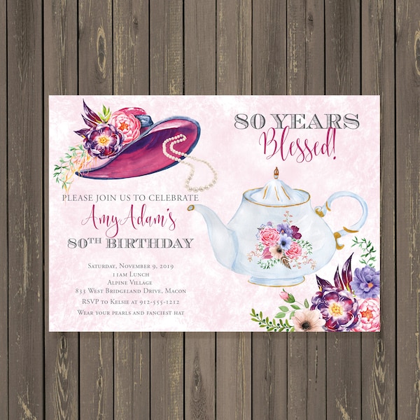 Tea Party Birthday Invitation, Fancy Hat Fascinator Adult Tea Party Invitation, 50th, 60th, 70th, 80th, Any Age, Birthday Brunch Invitation