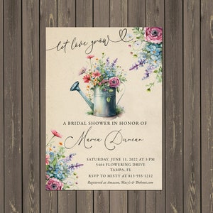 Arrosoir avec faire-part de douche nuptiale de fleurs sauvages, faire-part de douche laissez l'amour grandir, douche de jardin, imprimable ou imprimé