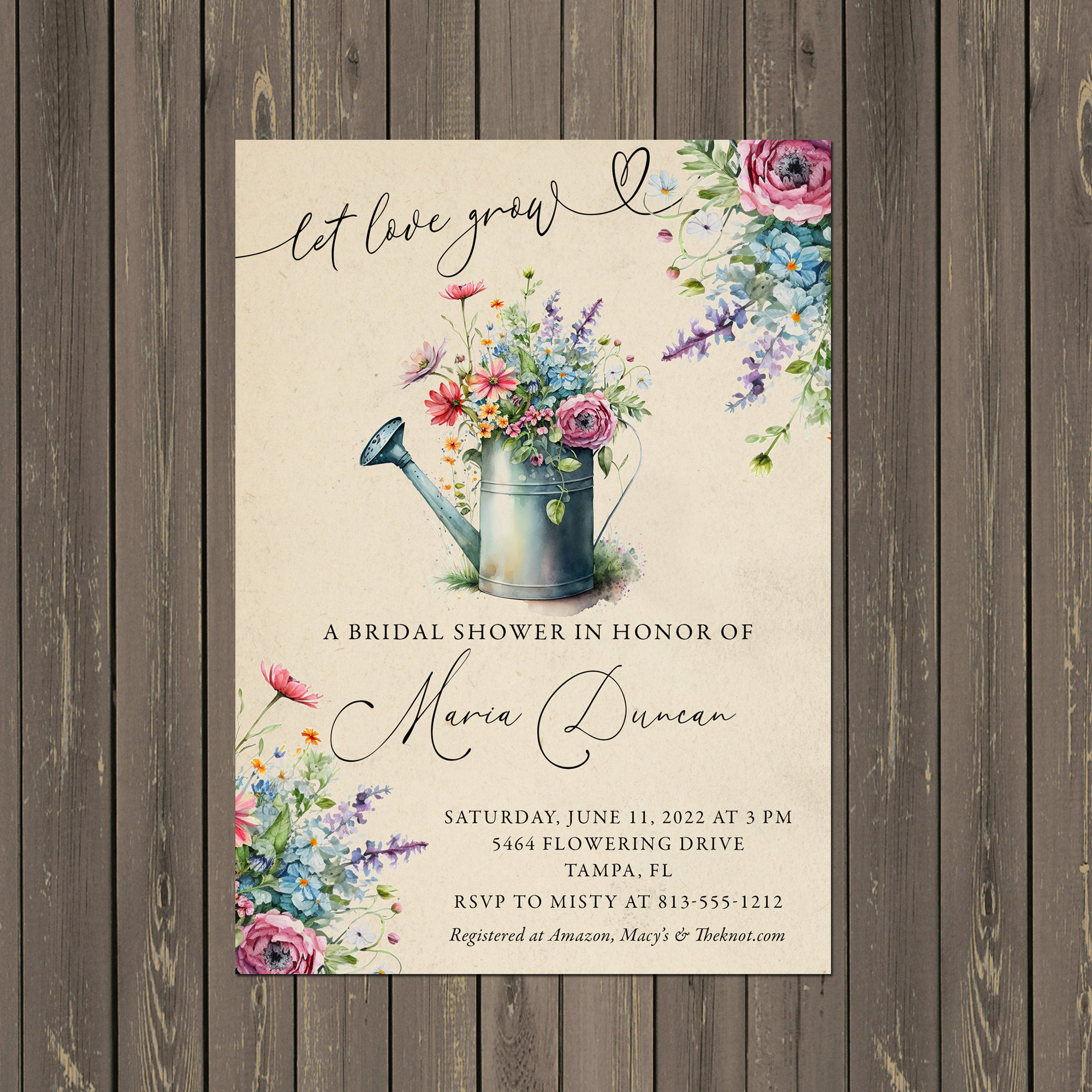 Wildflower Watering Can Bridal Shower Invitation (printable or Printed) -  Etsy, image size:2000x2000