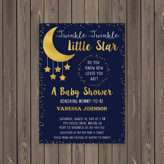 Moon and Stars Baby Shower Invitation, Little Star Baby Shower Invitation, Navy and Gold Moon & Star Invite, Printable or Printed Il_570xn