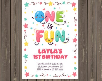 Invitación de cumpleaños «Un año es divertido» • Plantilla colorida para fiesta de primer cumpleaños • Invitación editable • Descarga instantánea