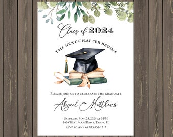 Book Graduation Invitation, Graduation Party Invitation, The Next Chapter Begins, Graduation Cap Invitation, Greenery, Printable or Printed