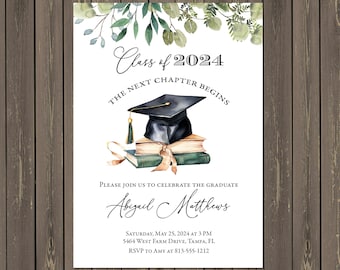 Greenery Graduation Invitation: Next Chapter, Cap & Books (Printable or Printed)