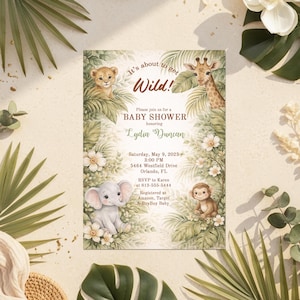Wild One Safari Baby Shower Invitation, Jungle Baby Animals, Lion Giraffe Elephant Monkey, Greenery Neutral Printable Invite or Printed