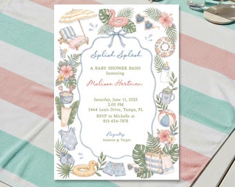 Pool Party Baby Shower Invitation, Splish Splash Baby Shower Invite, Tropical Beach Summer Baby Shower, Editable, Instant Download