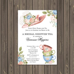 Bridal Shower Tea Party Invitation, Fancy Hat Bridal Shower High Tea Invitation, Tea Cup Shower, Printable or Printed