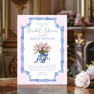 Faire-part de douche nuptiale dans un pot de gingembre bleu, chinoiseries, avec tulipes roses, cadre élégant en bambou bleu, impression ou impression personnalisée