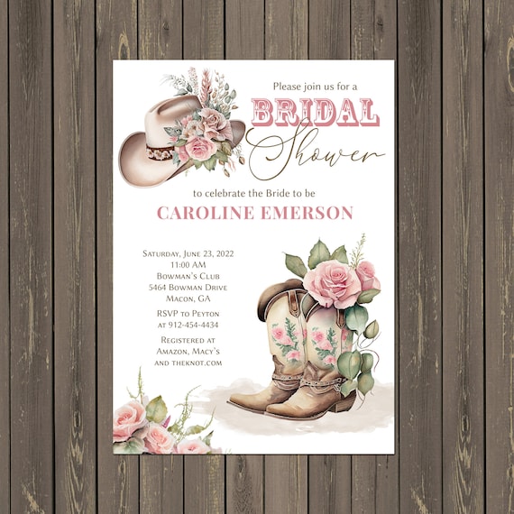 Cowgirl Bridal Shower Invitation, Cowboy Boots and Hat Bridal Shower Invitation, Pink Roses Country Western Shower, Printable or Printed Il_570xn