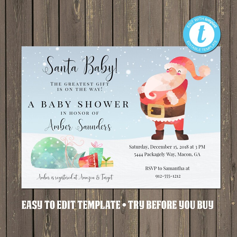 Santa Baby Shower Invitation, Christmas Baby Shower Invitation, Holiday Gift Baby Shower Invitation, Easy Edit, Instant Download image 1