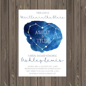 Faire-part de douche nuptiale Constellation, écrit dans les étoiles Faire-part de douche nuptiale, invitation de douche d'étoiles aquarelle, bricolage ou imprimé