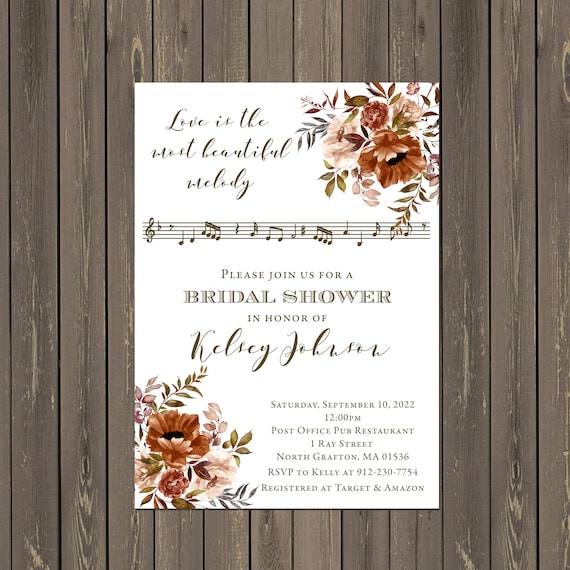 Fall Floral Music Themed Bridal Shower Invitation, Music Note Bridal